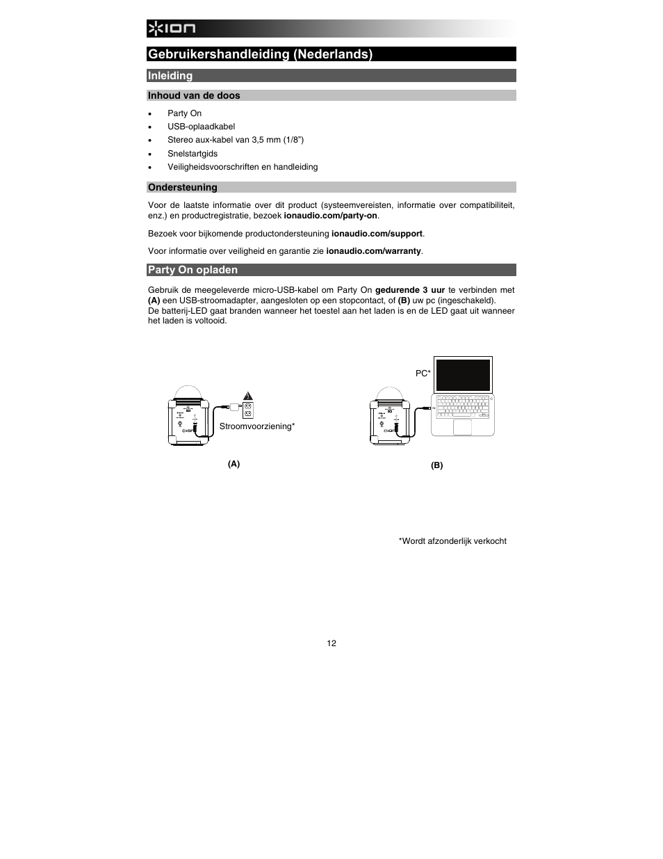Gebruikershandleiding (nederlands) | ION Audio Party On User Manual | Page 12 / 20