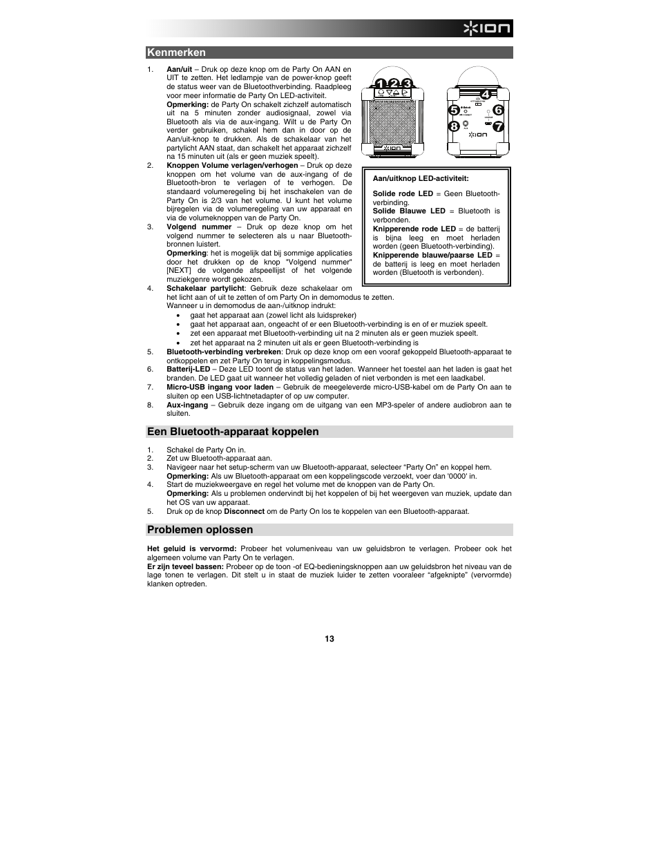 Kenmerken, Een bluetooth-apparaat koppelen, Problemen oplossen | ION Audio Party On User Manual | Page 13 / 20