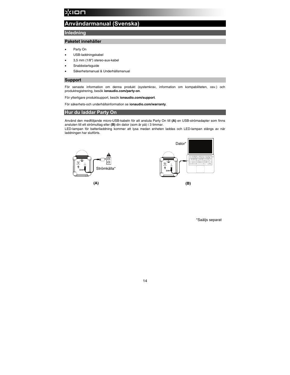 Användarmanual (svenska), Inledning, Hur du laddar party on | ION Audio Party On User Manual | Page 14 / 20