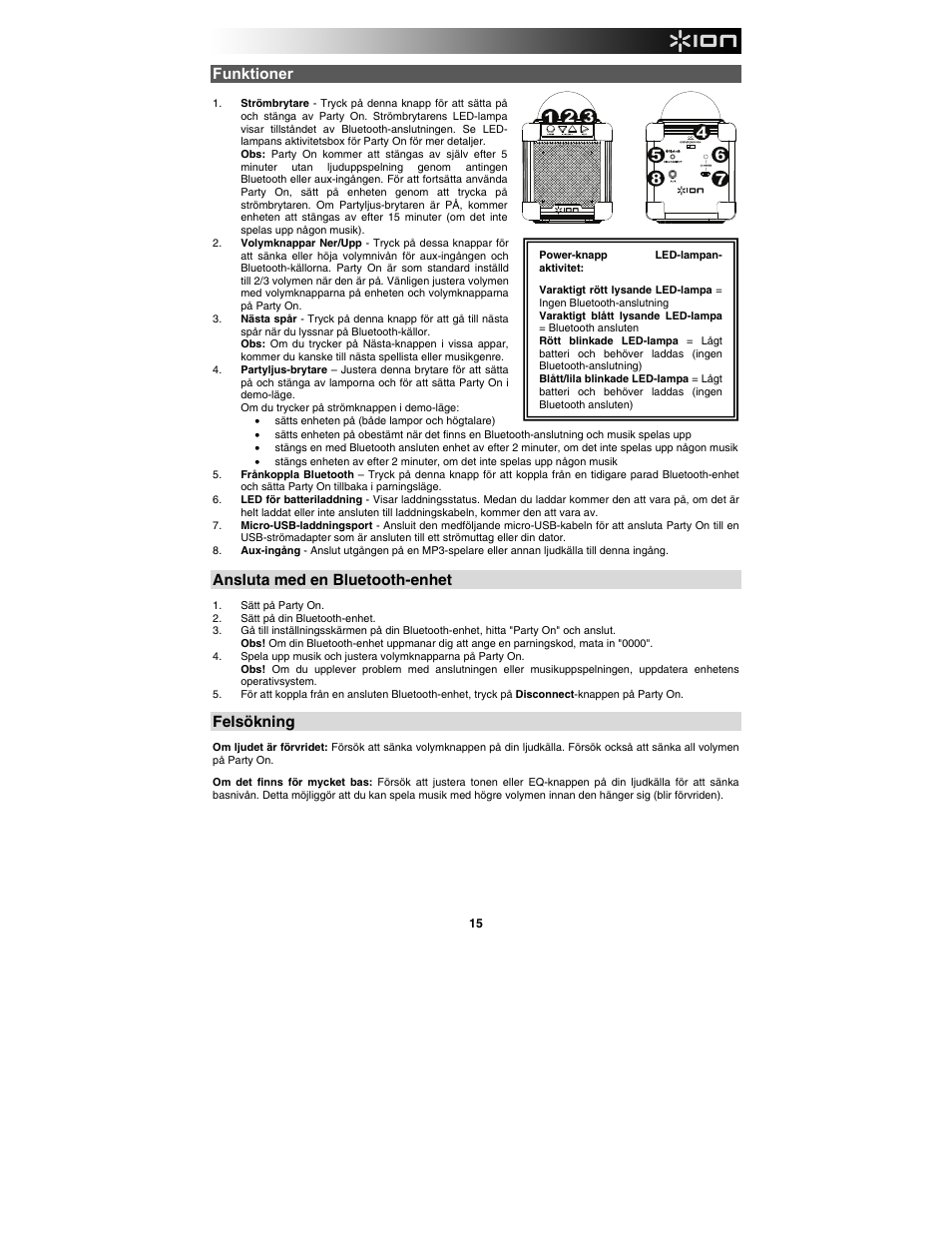 Funktioner, Ansluta med en bluetooth-enhet, Felsökning | ION Audio Party On User Manual | Page 15 / 20