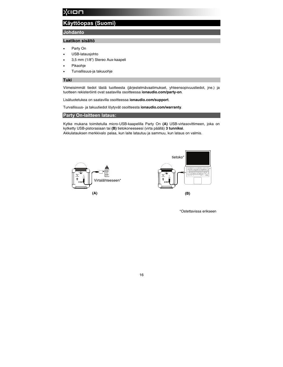 Käyttöopas (suomi), Johdanto, Party on-laitteen lataus | ION Audio Party On User Manual | Page 16 / 20