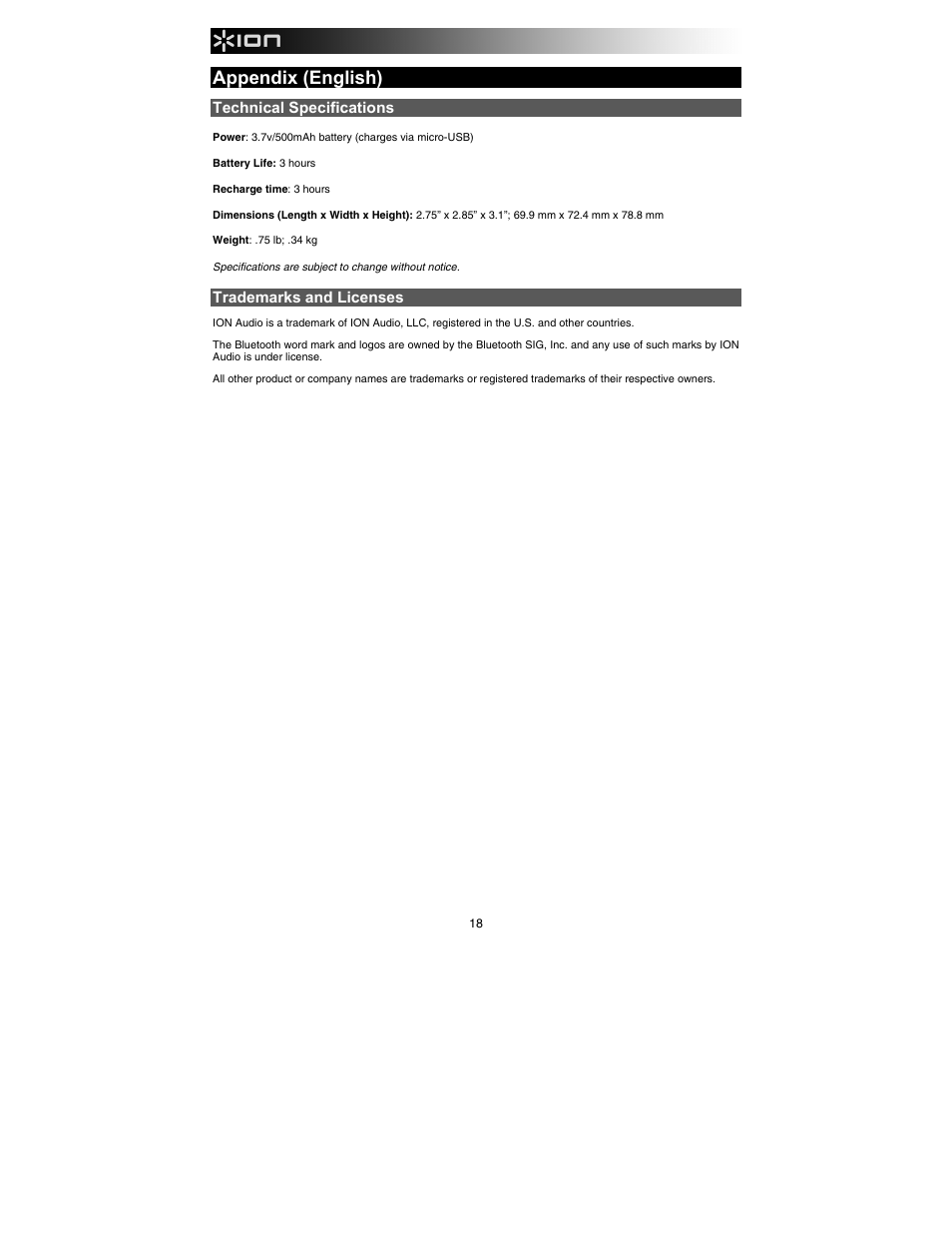 Appendix (english), Technical specifications, Trademarks and licenses | ION Audio Party On User Manual | Page 18 / 20