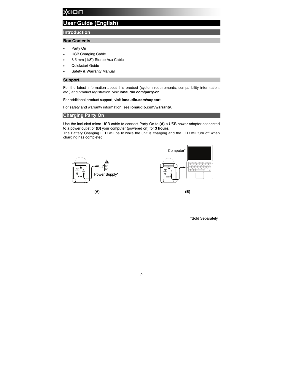 User guide (english), Introduction, Charging party on | ION Audio Party On User Manual | Page 2 / 20