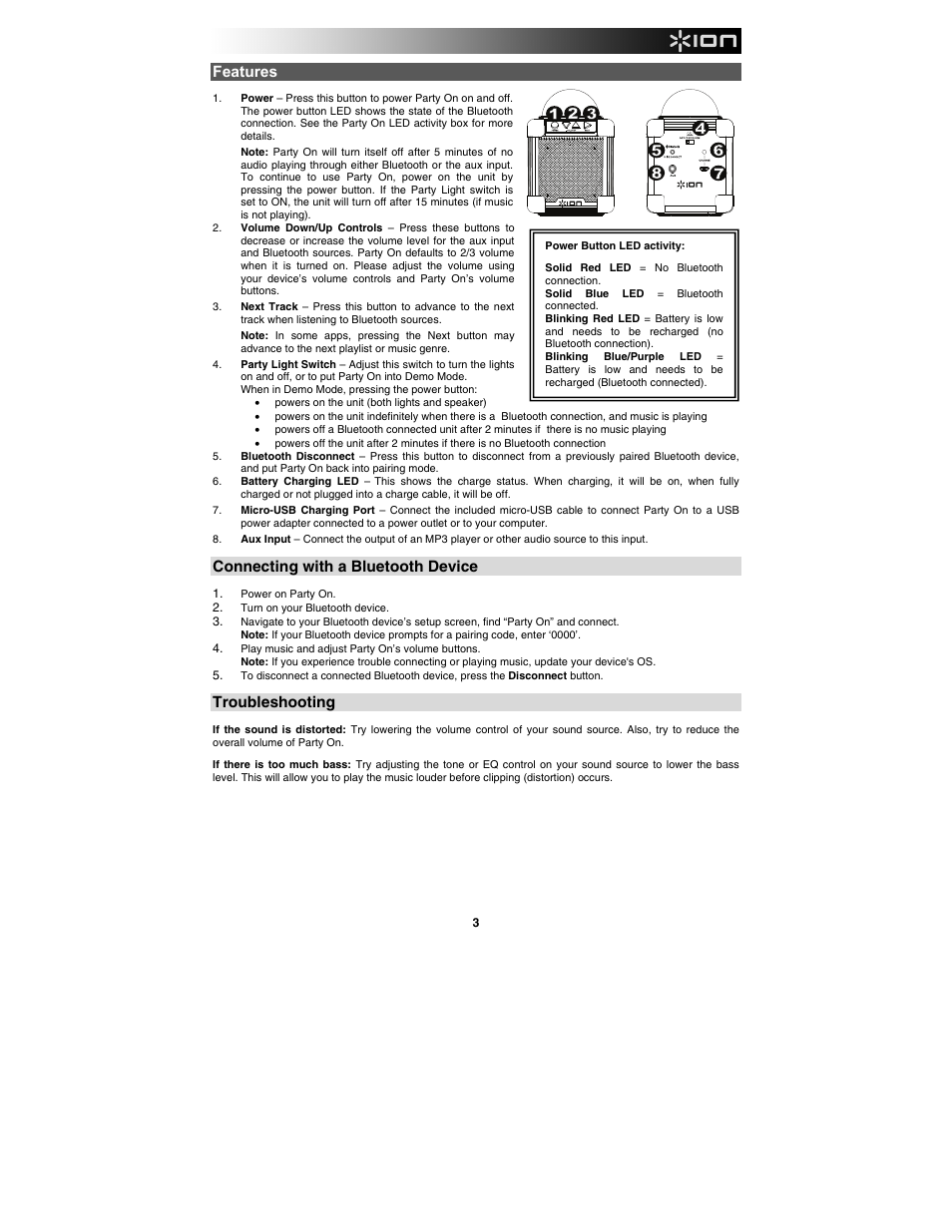 Features, Connecting with a bluetooth device, Troubleshooting | ION Audio Party On User Manual | Page 3 / 20