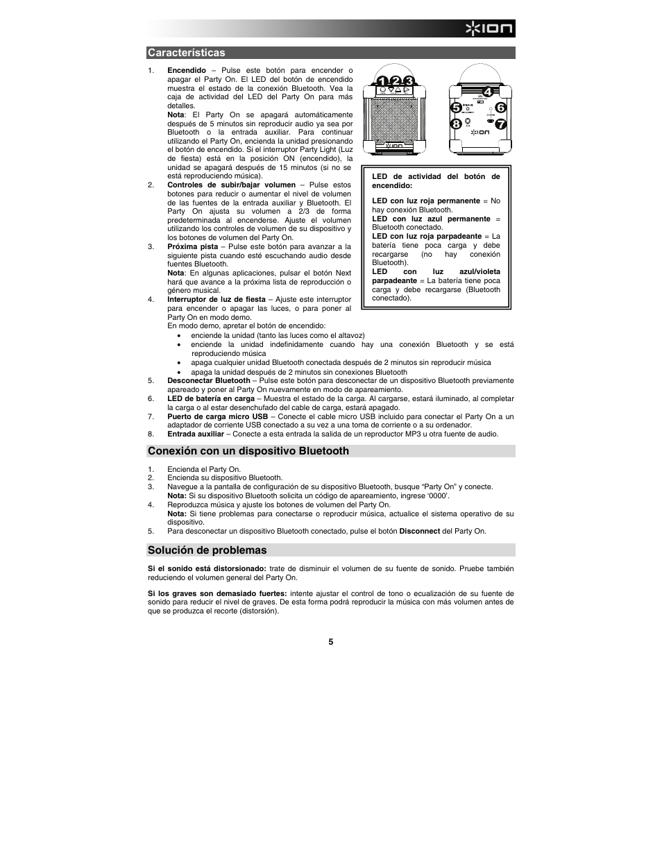 Características, Conexión con un dispositivo bluetooth, Solución de problemas | ION Audio Party On User Manual | Page 5 / 20