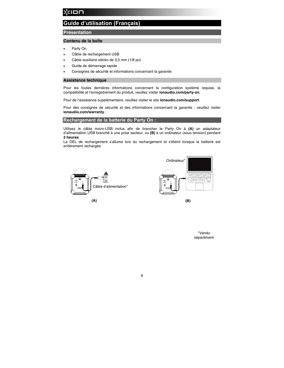 Guide d’utilisation (français) | ION Audio Party On User Manual | Page 6 / 20