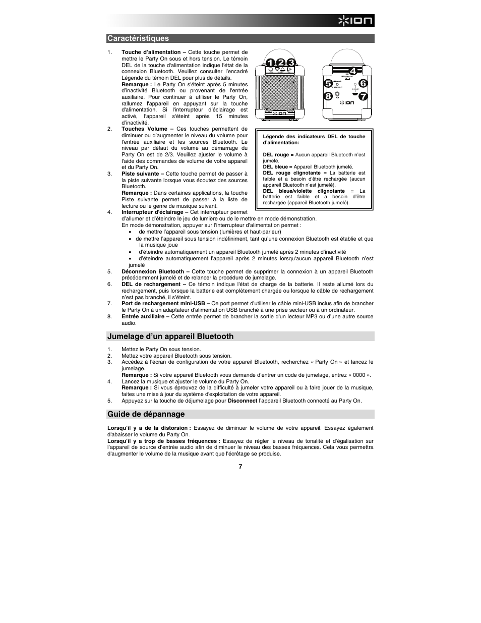 Caractéristiques, Jumelage d’un appareil bluetooth, Guide de dépannage | ION Audio Party On User Manual | Page 7 / 20
