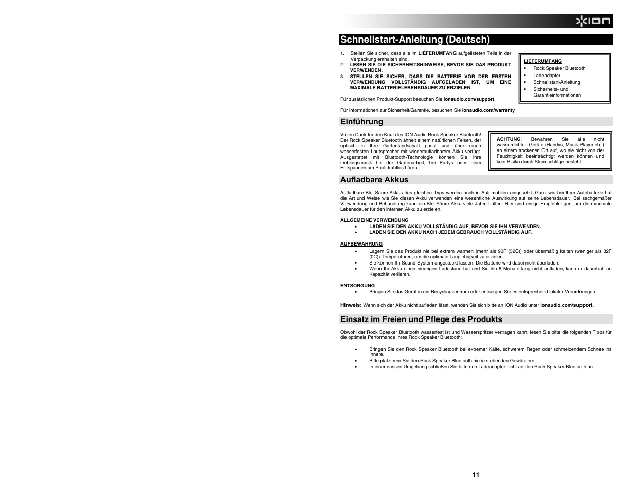 Schnellstart-anleitung (deutsch), Einführung, Aufladbare akkus | Einsatz im freien und pflege des produkts | ION Audio Rock Speaker Bluetooth User Manual | Page 11 / 16