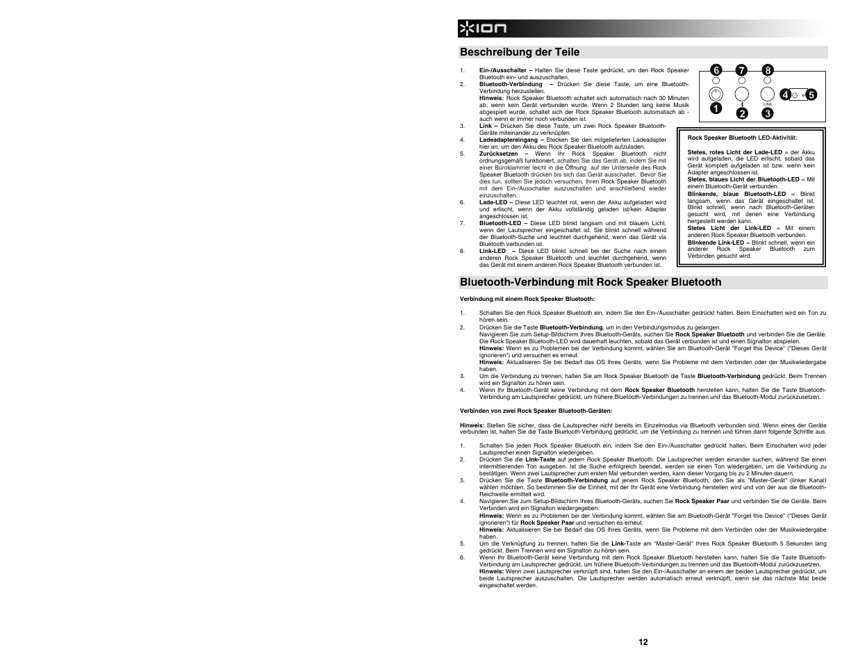 Beschreibung der teile, Bluetooth-verbindung mit rock speaker bluetooth | ION Audio Rock Speaker Bluetooth User Manual | Page 12 / 16
