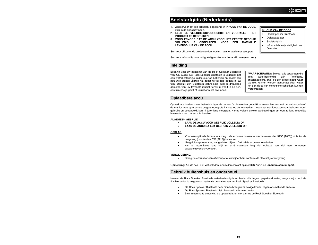 Snelstartgids (nederlands), Inleiding, Oplaadbare accu | Gebruik buitenshuis en onderhoud | ION Audio Rock Speaker Bluetooth User Manual | Page 13 / 16