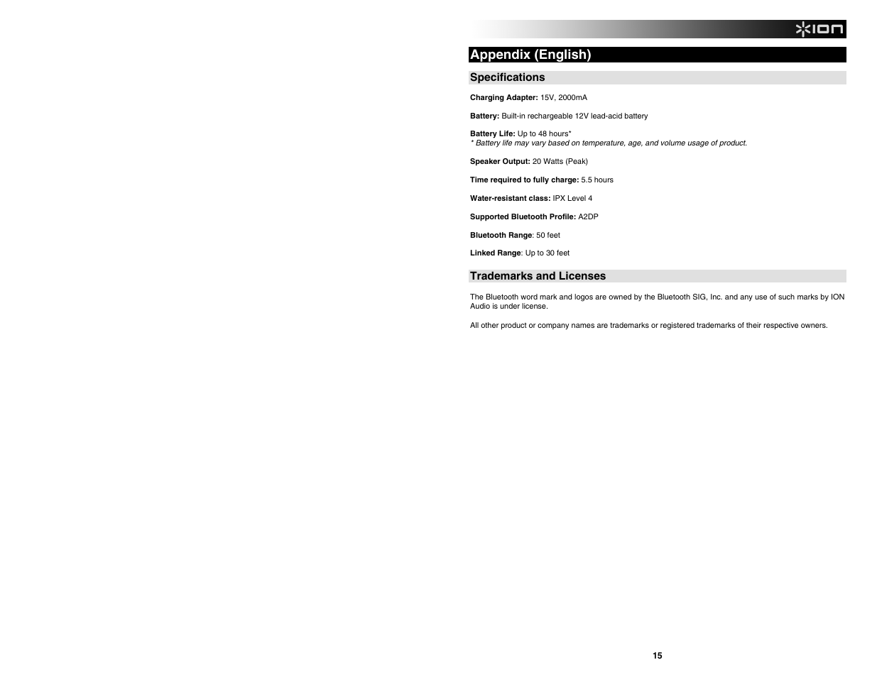 Appendix (english) | ION Audio Rock Speaker Bluetooth User Manual | Page 15 / 16