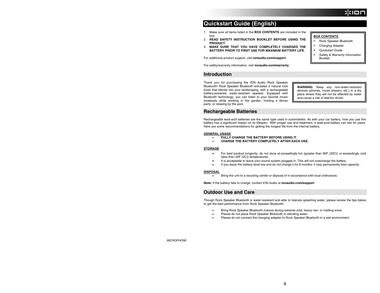 Quickstart guide (english), Introduction, Rechargeable batteries | Outdoor use and care | ION Audio Rock Speaker Bluetooth User Manual | Page 3 / 16