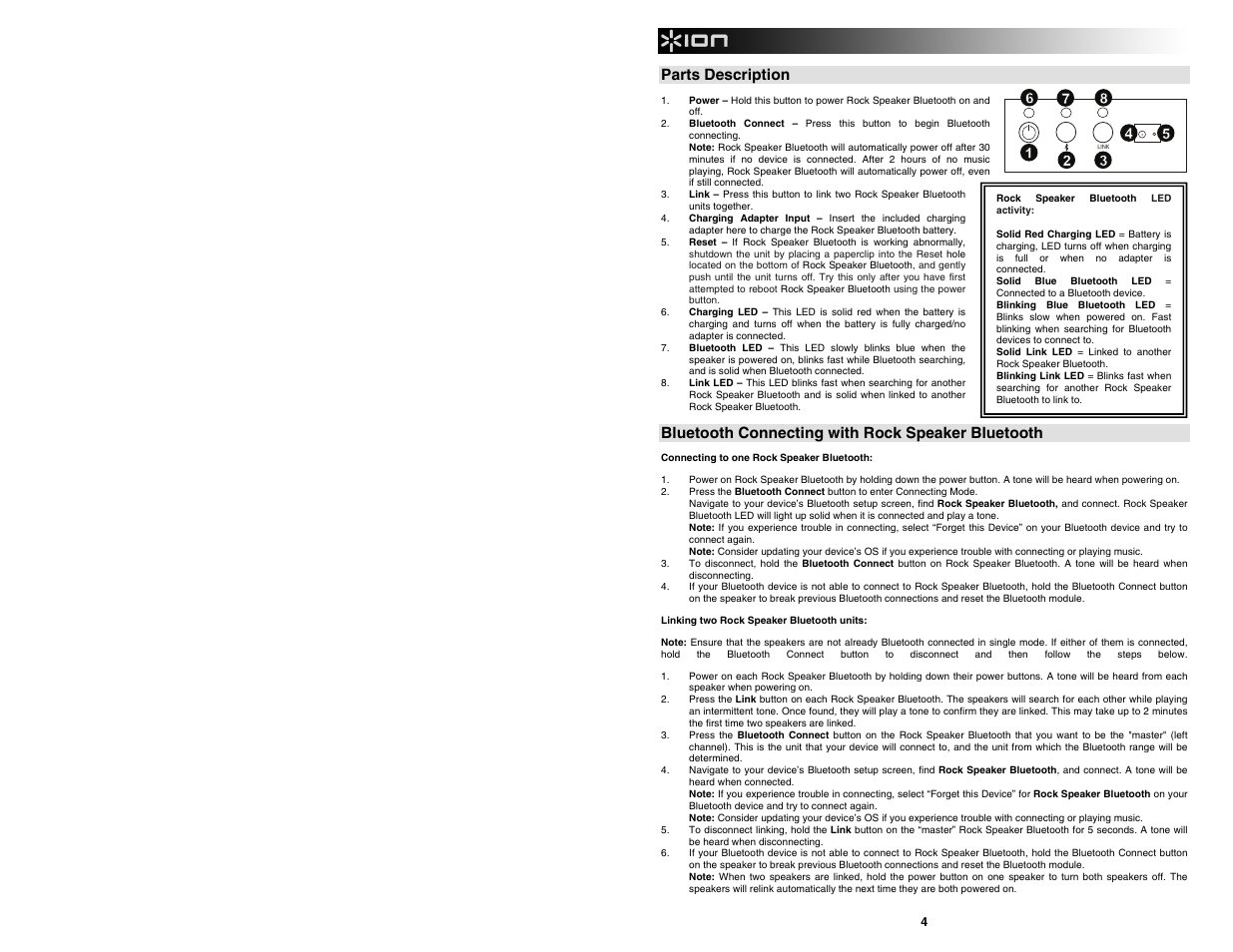 Parts description, Bluetooth connecting with rock speaker bluetooth | ION Audio Rock Speaker Bluetooth User Manual | Page 4 / 16