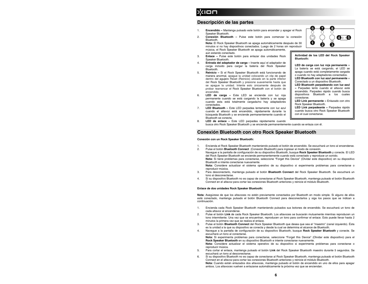 Descripción de las partes, Conexión bluetooth con otro rock speaker bluetooth | ION Audio Rock Speaker Bluetooth User Manual | Page 6 / 16