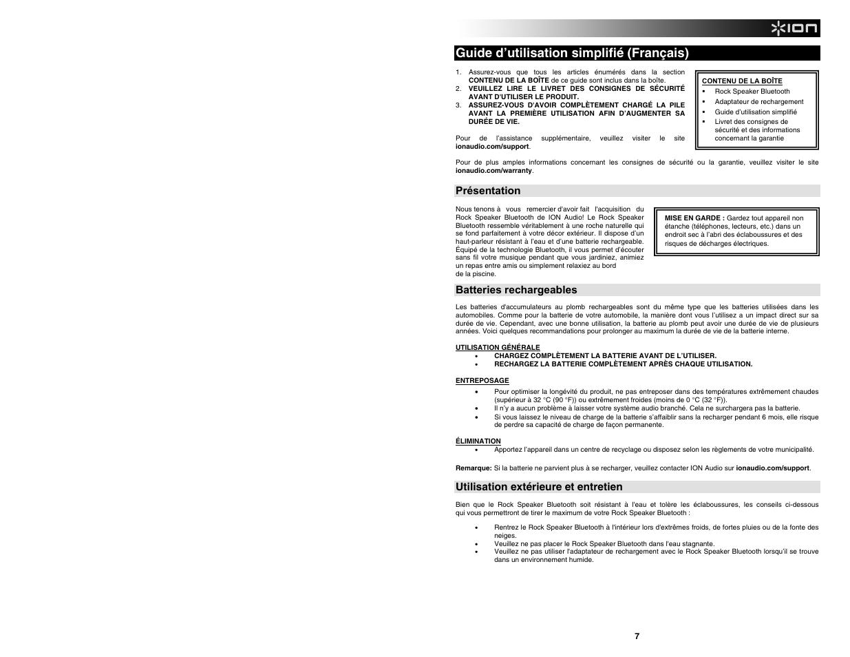 Guide d’utilisation simplifié (français), Présentation, Batteries rechargeables | Utilisation extérieure et entretien | ION Audio Rock Speaker Bluetooth User Manual | Page 7 / 16