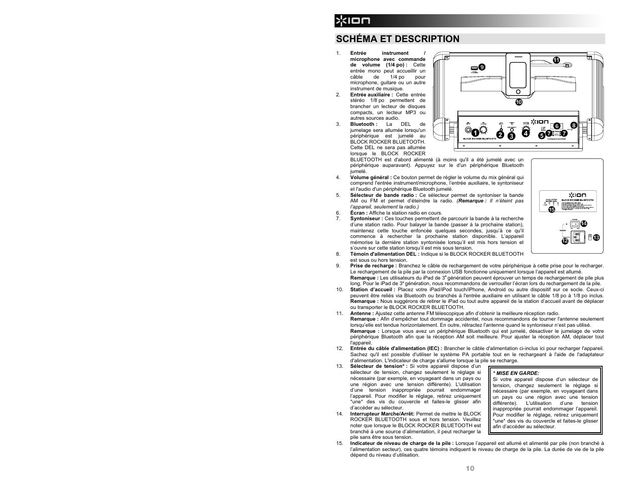 Schéma et description | ION Audio Block Rocker Bluetooth User Manual | Page 10 / 28