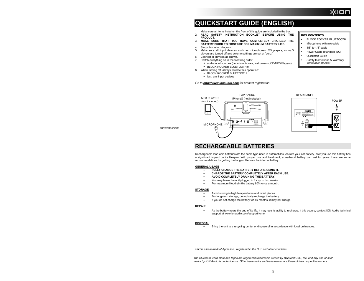 Quickstart guide (english), Rechargeable batteries | ION Audio Block Rocker Bluetooth User Manual | Page 3 / 28