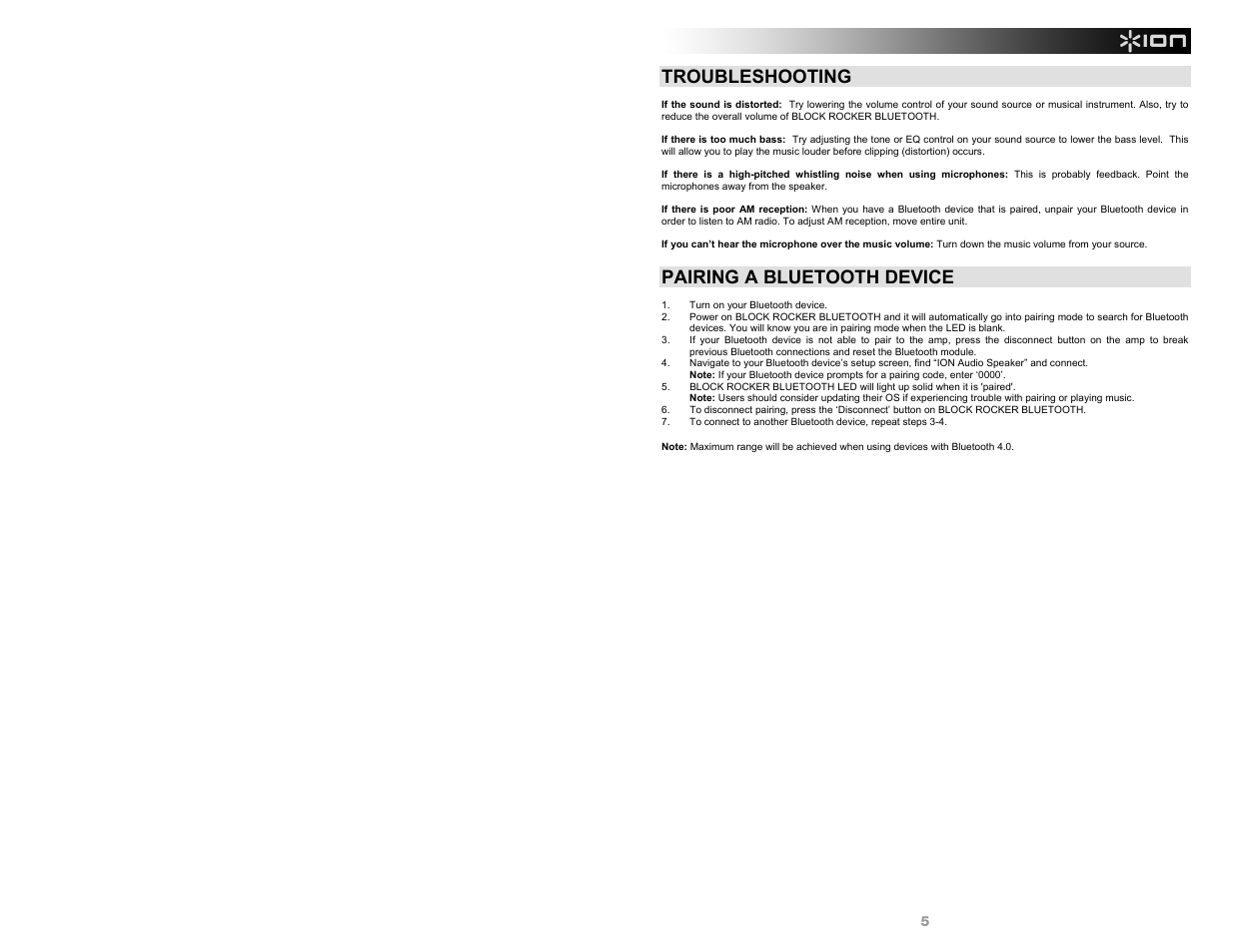 Troubleshooting, Pairing a bluetooth device | ION Audio Block Rocker Bluetooth User Manual | Page 5 / 28