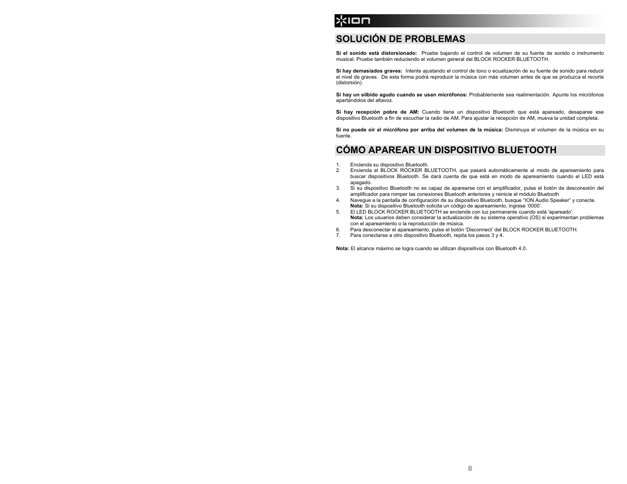 Solución de problemas, Cómo aparear un dispositivo bluetooth | ION Audio Block Rocker Bluetooth User Manual | Page 8 / 28