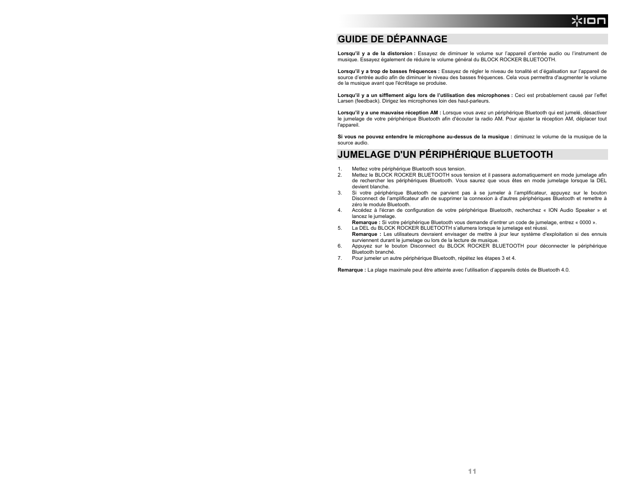 Guide de dépannage, Jumelage d'un périphérique bluetooth | ION Audio Block Rocker Bluetooth - iPA56B User Manual | Page 11 / 28