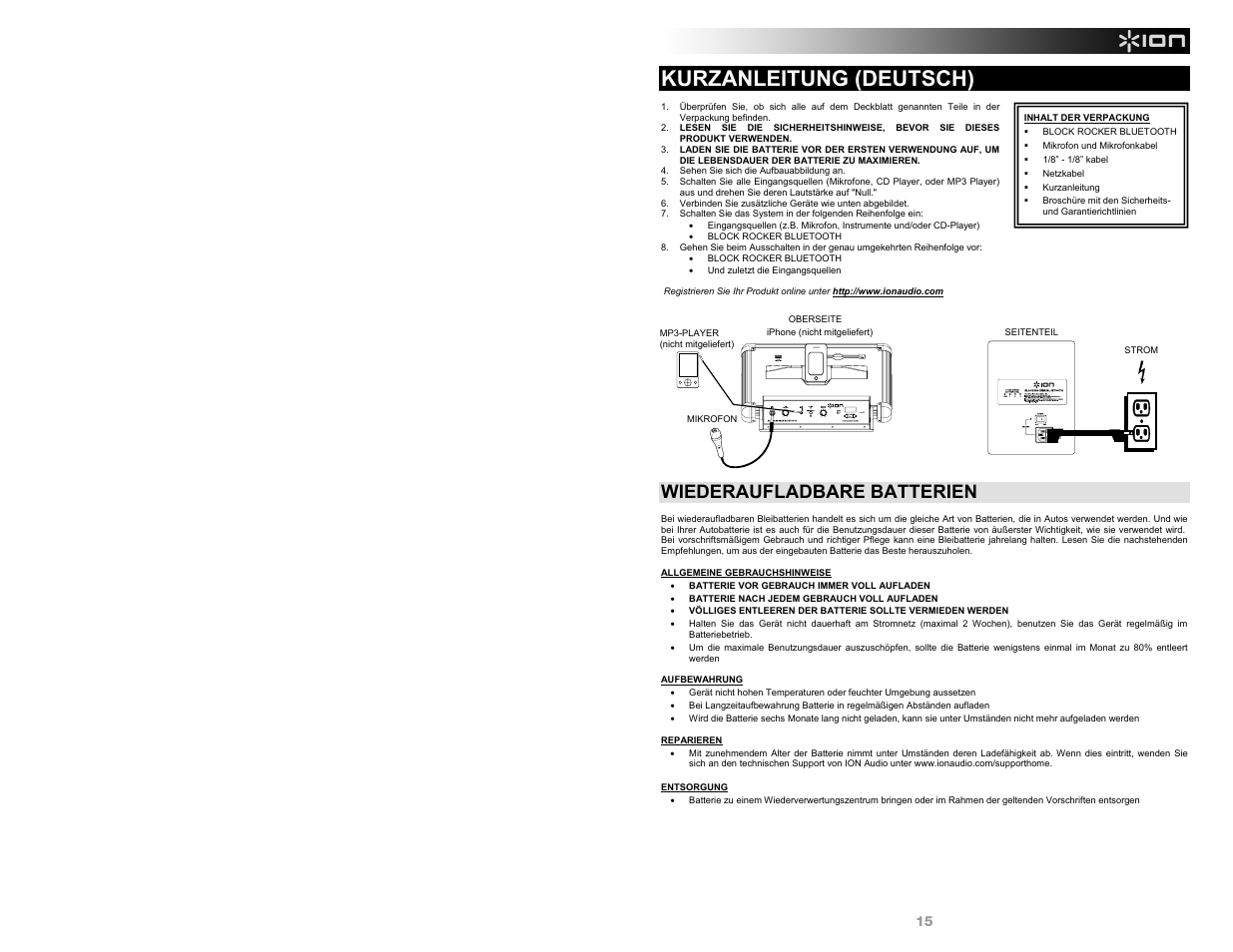 Kurzanleitung (deutsch), Wiederaufladbare batterien | ION Audio Block Rocker Bluetooth - iPA56B User Manual | Page 15 / 28