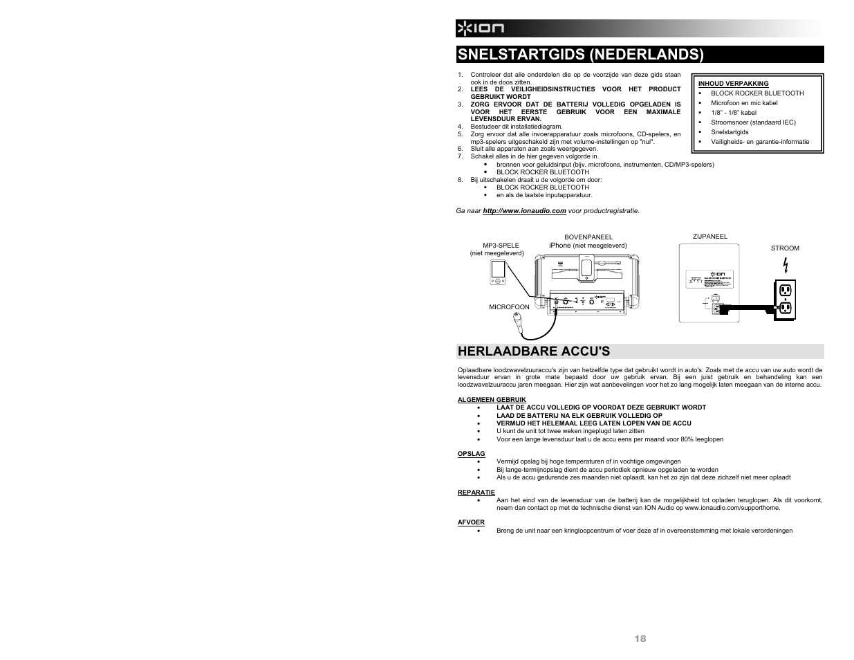 Snelstartgids (nederlands), Herlaadbare accu's | ION Audio Block Rocker Bluetooth - iPA56B User Manual | Page 18 / 28