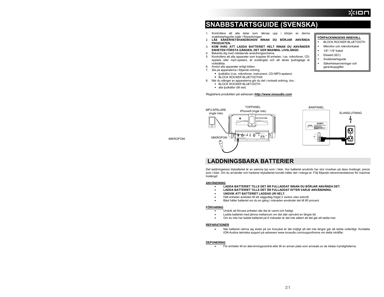 Snabbstartsguide (svenska), Laddningsbara batterier | ION Audio Block Rocker Bluetooth - iPA56B User Manual | Page 21 / 28
