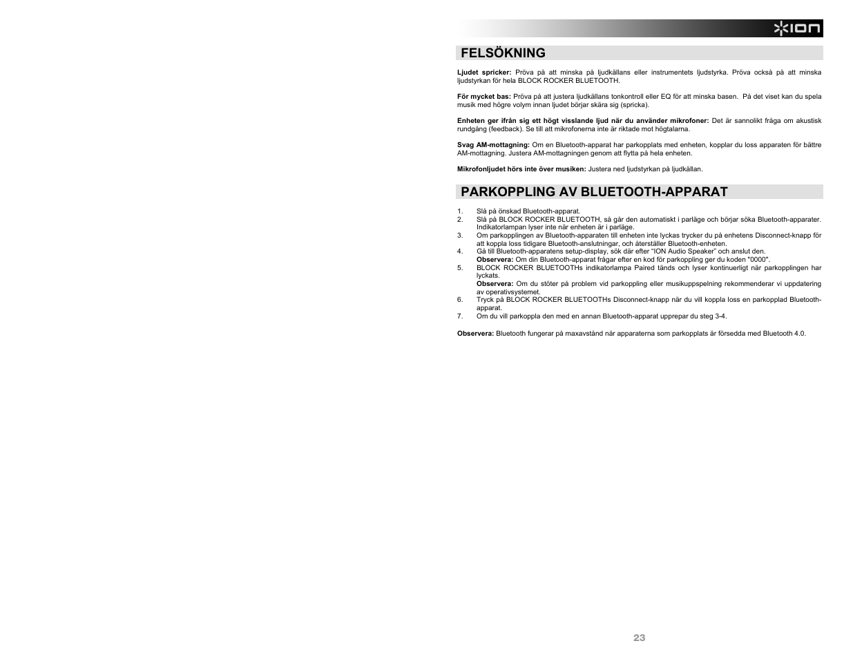 Felsökning, Parkoppling av bluetooth-apparat | ION Audio Block Rocker Bluetooth - iPA56B User Manual | Page 23 / 28