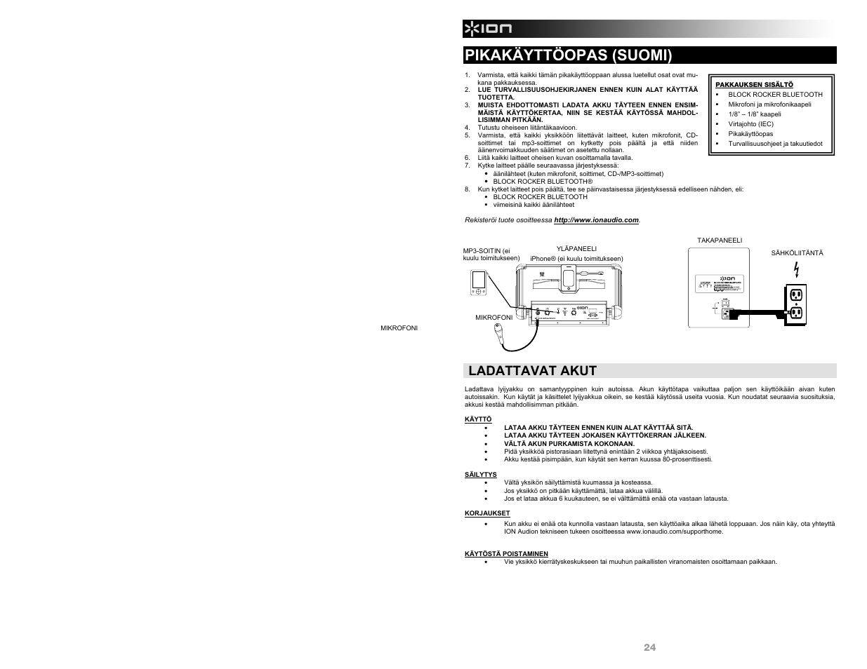 Pikakäyttöopas (suomi), Ladattavat akut | ION Audio Block Rocker Bluetooth - iPA56B User Manual | Page 24 / 28
