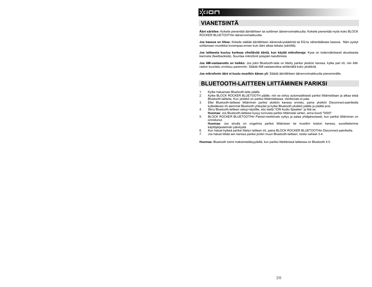Vianetsintä, Bluetooth-laitteen liittäminen pariksi | ION Audio Block Rocker Bluetooth - iPA56B User Manual | Page 26 / 28