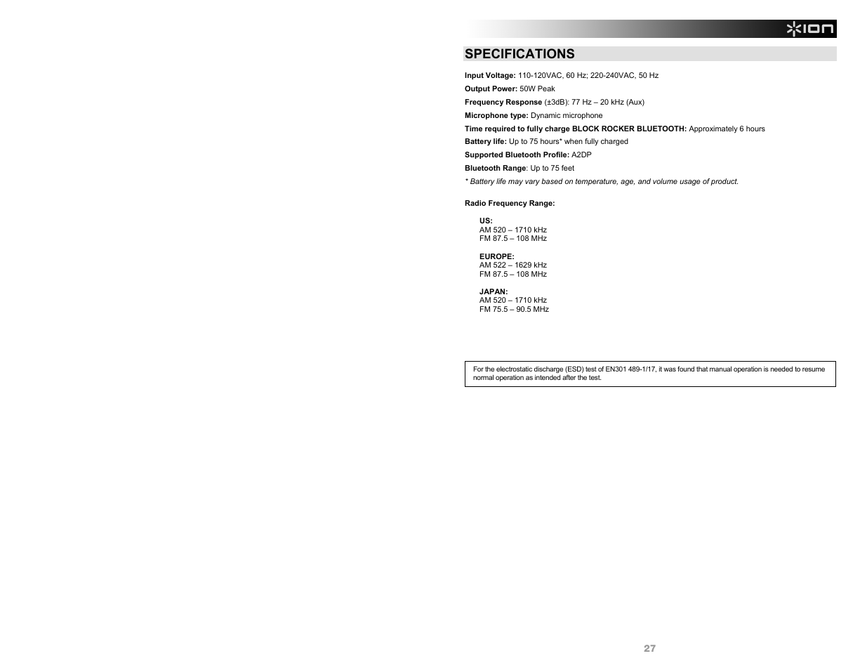 Specifications | ION Audio Block Rocker Bluetooth - iPA56B User Manual | Page 27 / 28