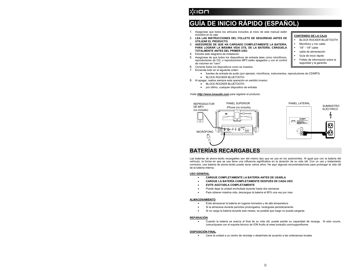 Guía de inicio rápido (español), Baterías recargables | ION Audio Block Rocker Bluetooth - iPA56B User Manual | Page 6 / 28