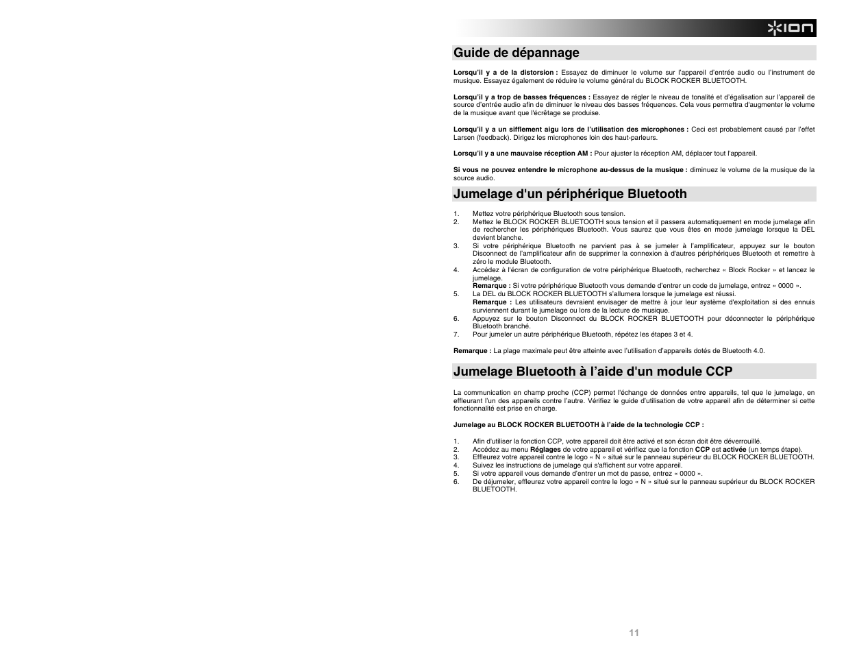 Guide de dépannage, Jumelage d'un périphérique bluetooth, Jumelage bluetooth à l’aide d'un module ccp | ION Audio Block Rocker Bluetooth iPA56C User Manual | Page 11 / 24