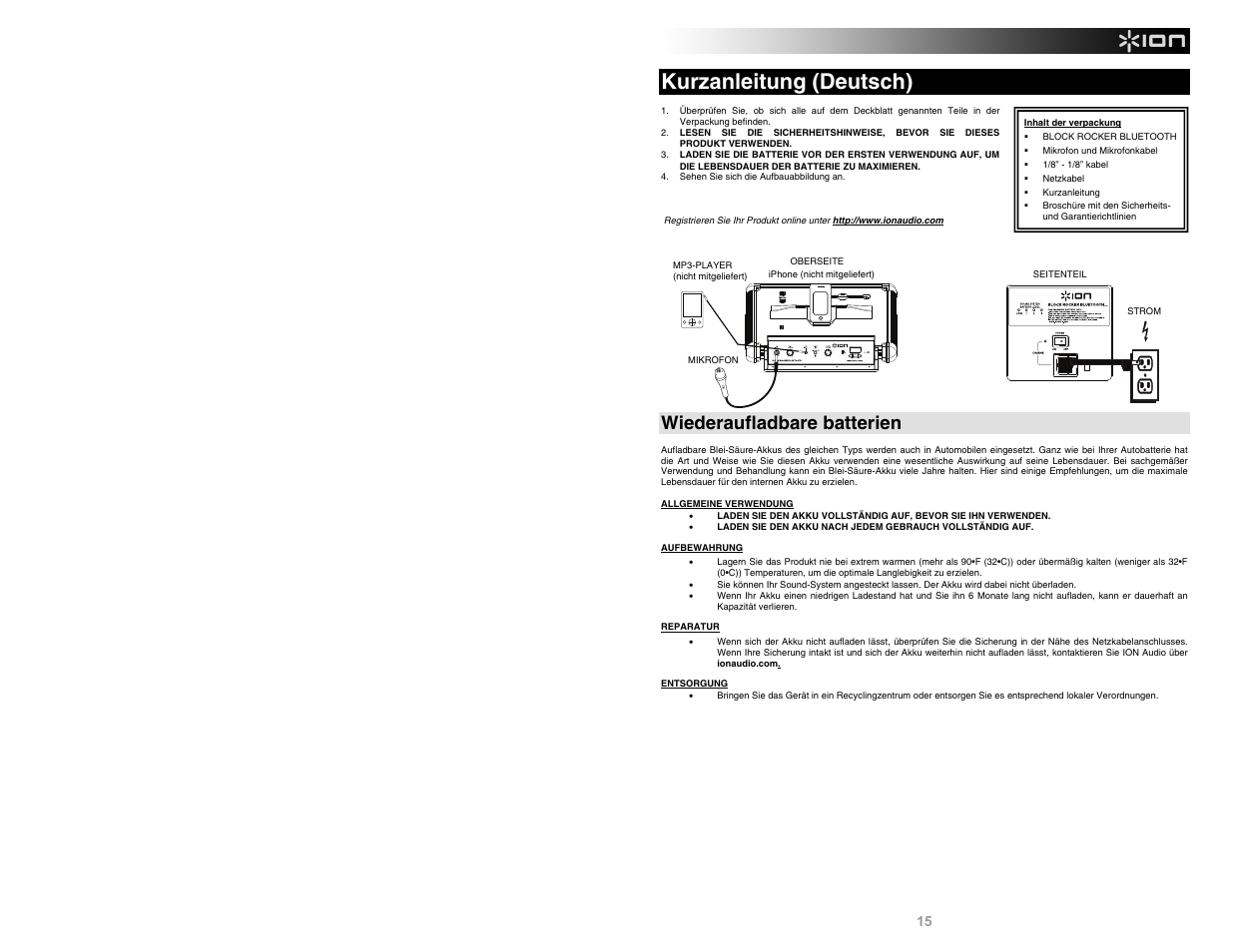 Kurzanleitung (deutsch), Wiederaufladbare batterien | ION Audio Block Rocker Bluetooth iPA56C User Manual | Page 15 / 24