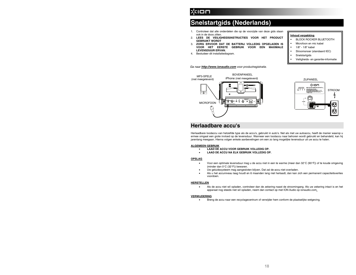 Snelstartgids (nederlands), Herlaadbare accu's | ION Audio Block Rocker Bluetooth iPA56C User Manual | Page 18 / 24