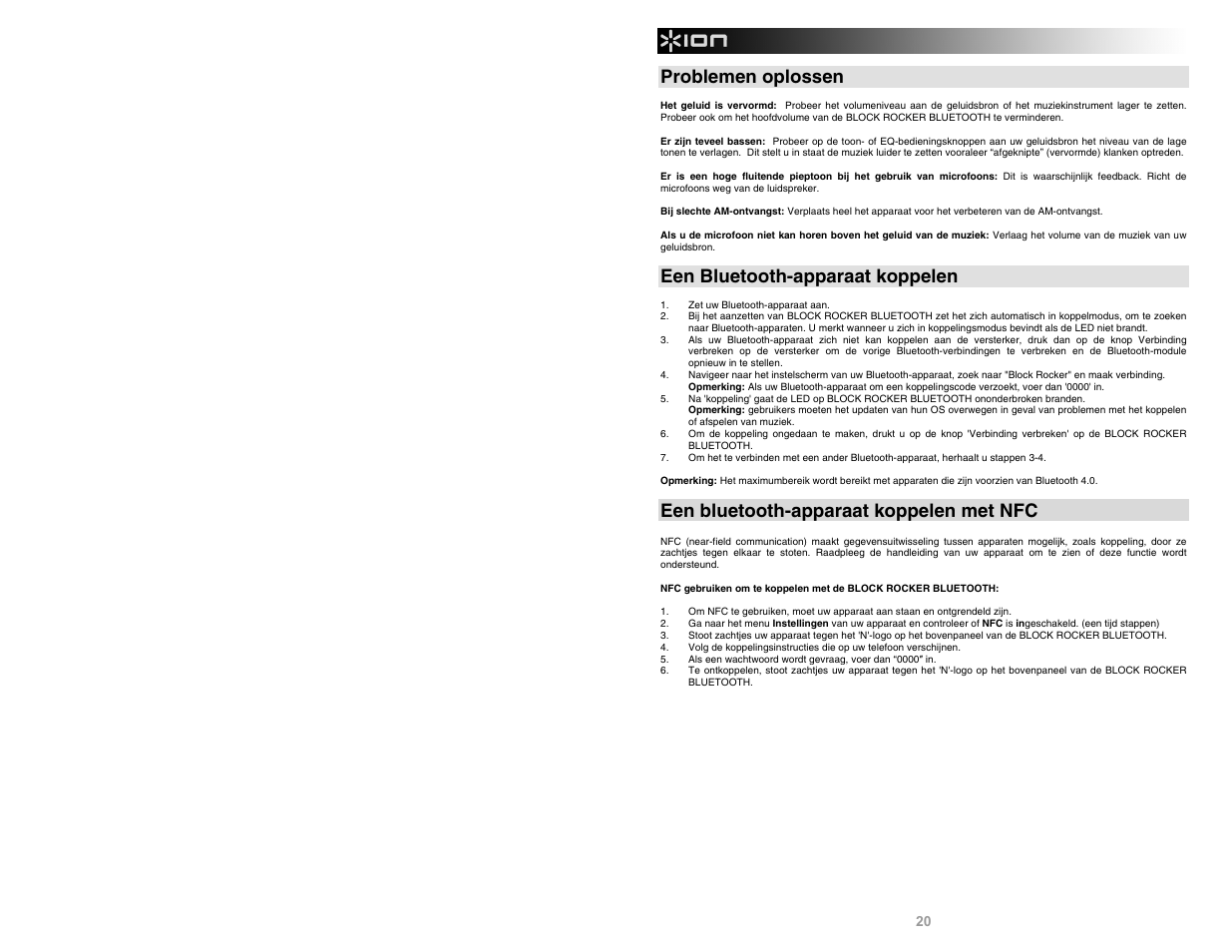 Problemen oplossen, Een bluetooth-apparaat koppelen, Een bluetooth-apparaat koppelen met nfc | ION Audio Block Rocker Bluetooth iPA56C User Manual | Page 20 / 24