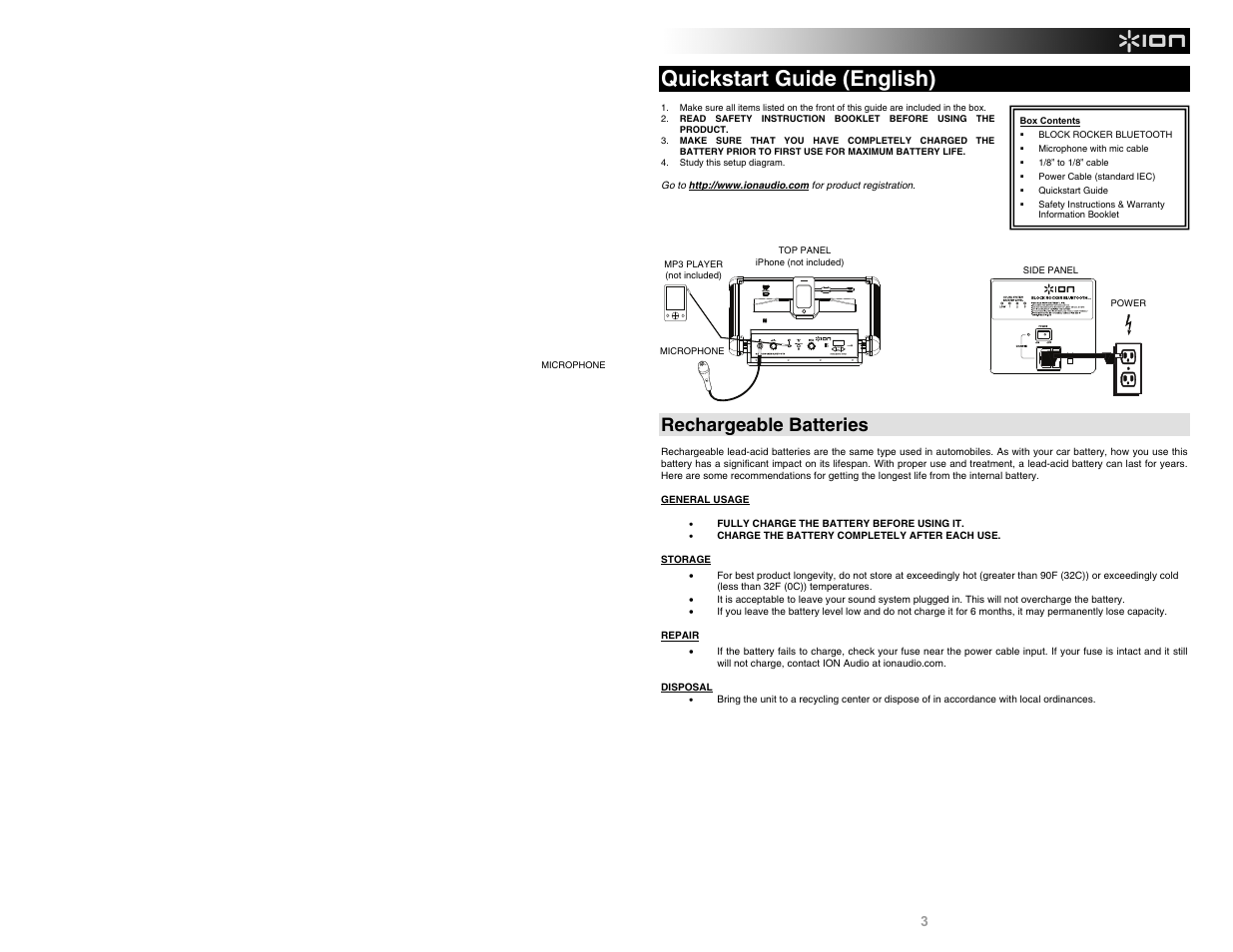 Quickstart guide (english), Rechargeable batteries | ION Audio Block Rocker Bluetooth iPA56C User Manual | Page 3 / 24