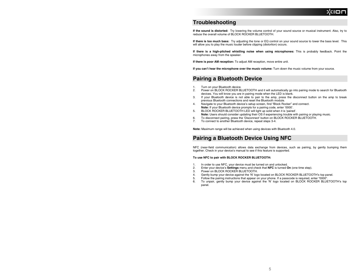 Troubleshooting, Pairing a bluetooth device, Pairing a bluetooth device using nfc | ION Audio Block Rocker Bluetooth iPA56C User Manual | Page 5 / 24