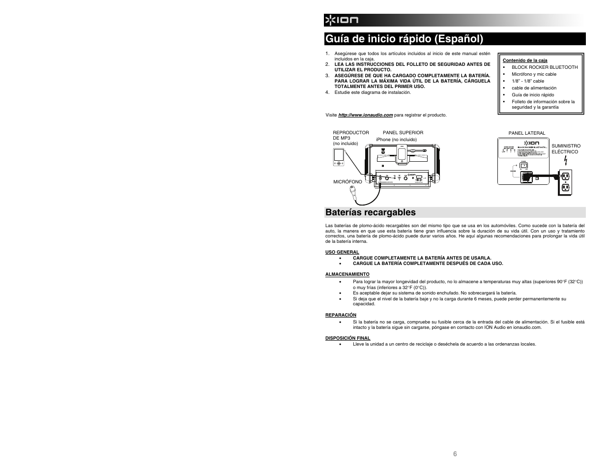 Guía de inicio rápido (español), Baterías recargables | ION Audio Block Rocker Bluetooth iPA56C User Manual | Page 6 / 24