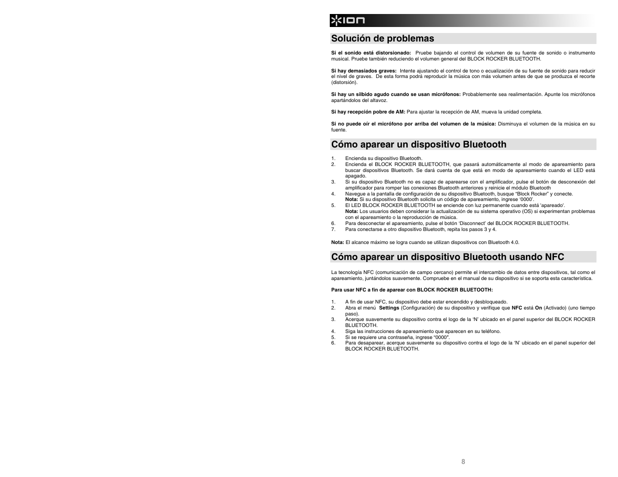 Solución de problemas, Cómo aparear un dispositivo bluetooth, Cómo aparear un dispositivo bluetooth usando nfc | ION Audio Block Rocker Bluetooth iPA56C User Manual | Page 8 / 24