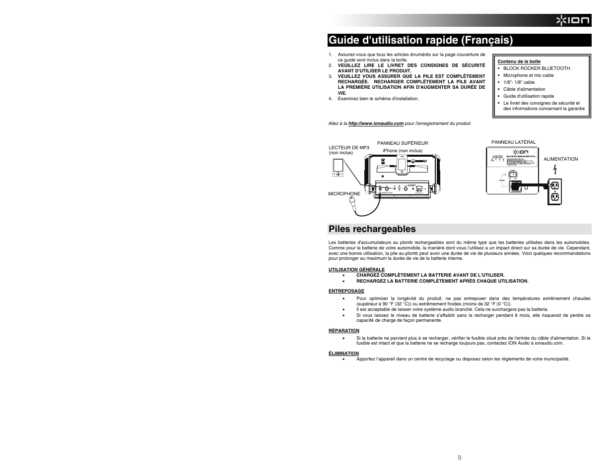 Guide d'utilisation rapide (français), Piles rechargeables | ION Audio Block Rocker Bluetooth iPA56C User Manual | Page 9 / 24