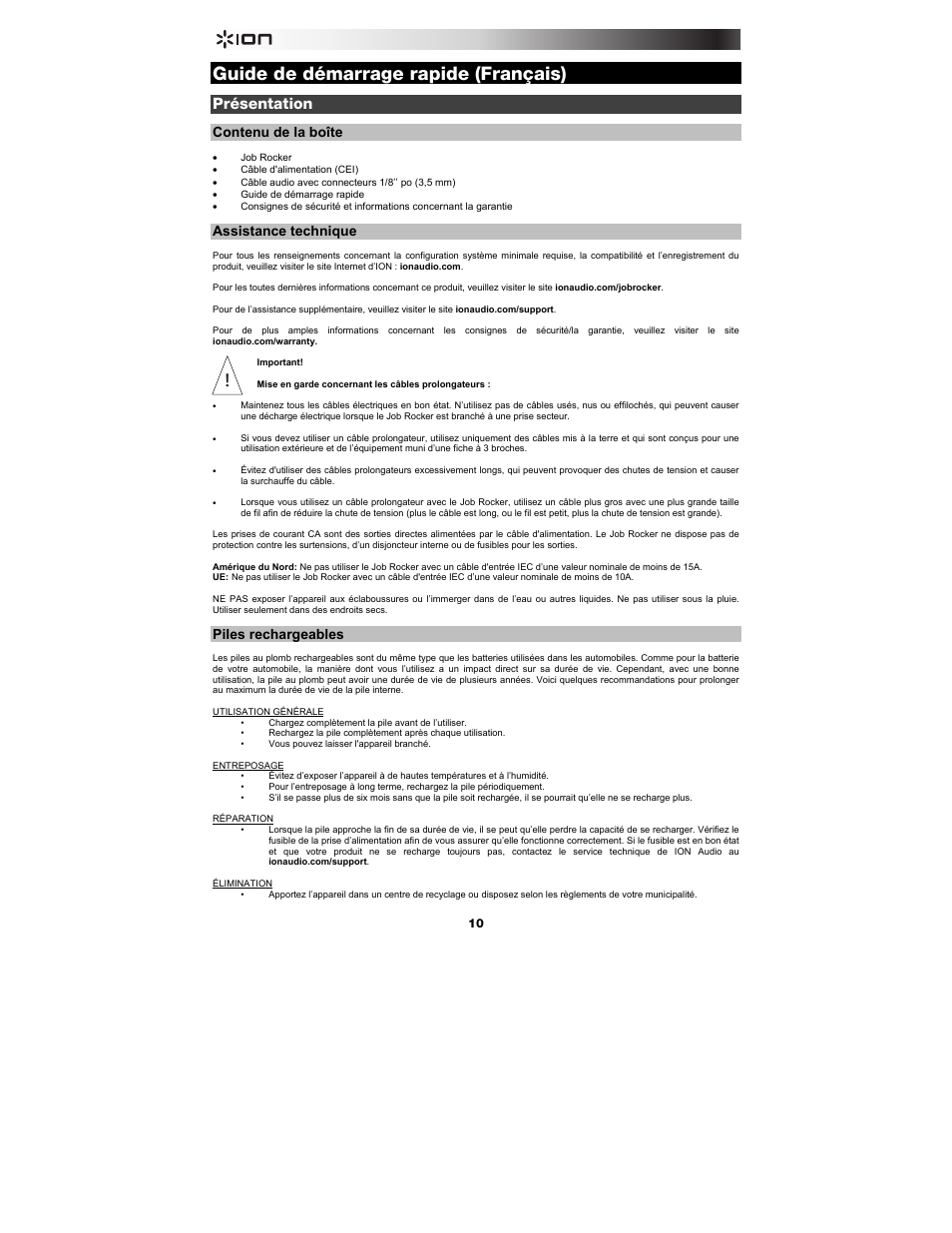 Guide de démarrage rapide (français), Présentation, Contenu de la boîte | Assistance technique, Piles rechargeables | ION Audio Job Rocker User Manual | Page 10 / 36