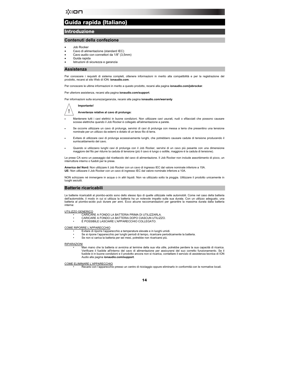 Guida rapida (italiano), Introduzione, Contenuti della confezione | Assistenza, Batterie ricaricabili | ION Audio Job Rocker User Manual | Page 14 / 36