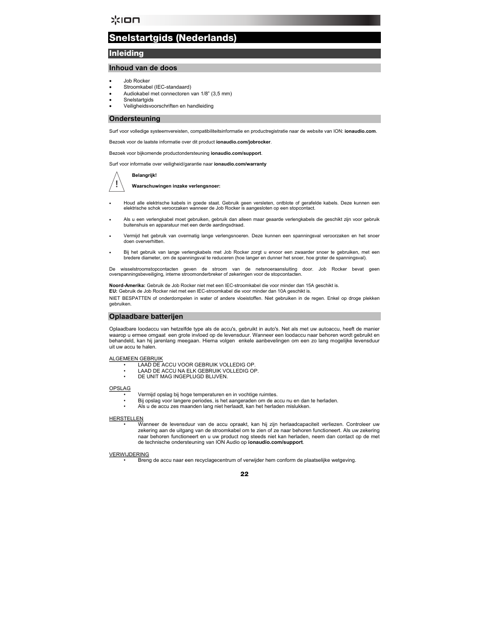Snelstartgids (nederlands), Inleiding, Inhoud van de doos | Ondersteuning, Oplaadbare batterijen | ION Audio Job Rocker User Manual | Page 22 / 36