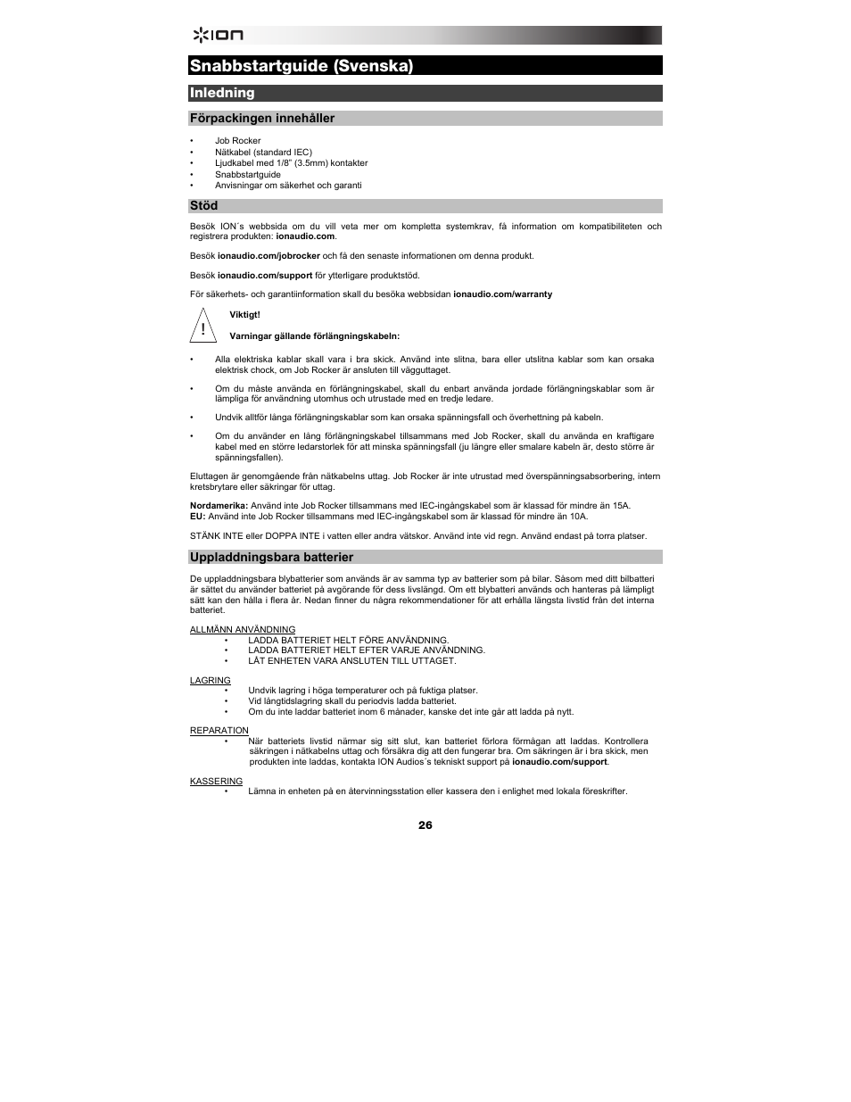 Snabbstartguide (svenska), Inledning, Förpackingen innehåller | Stöd, Uppladdningsbara batterier | ION Audio Job Rocker User Manual | Page 26 / 36