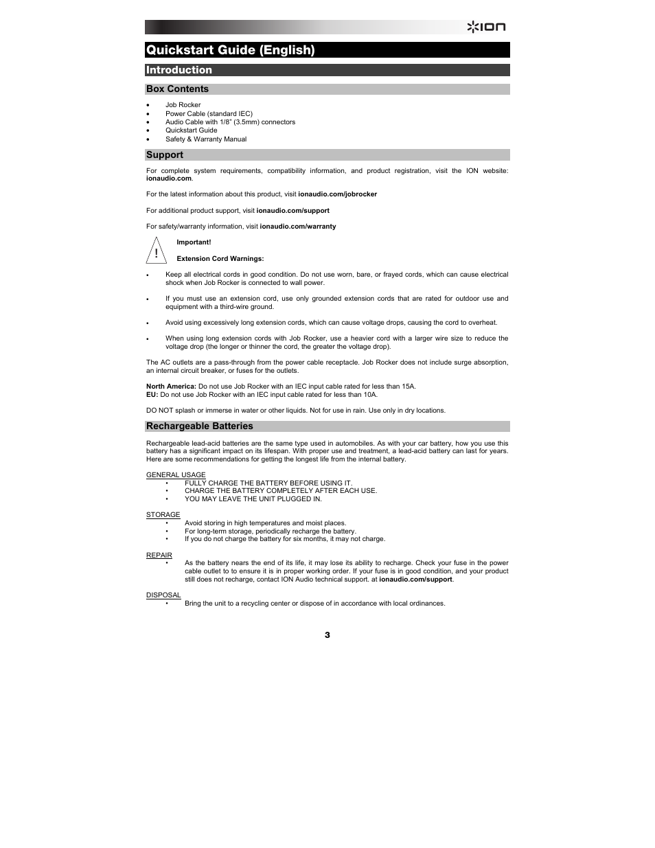 Quickstart guide (english), Introduction, Box contents | Support, Rechargeable batteries | ION Audio Job Rocker User Manual | Page 3 / 36