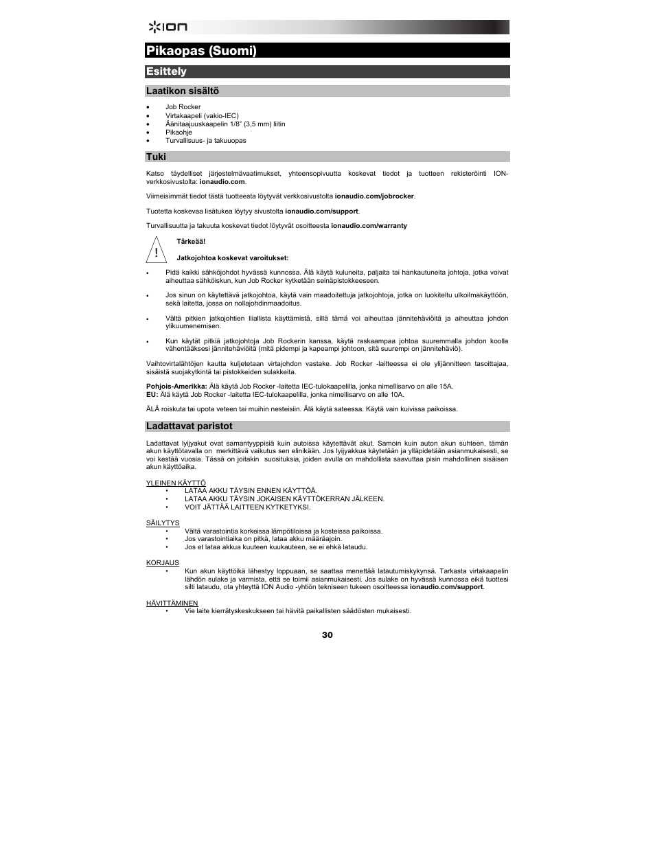 Pikaopas (suomi), Esittely, Laatikon sisältö | Tuki, Ladattavat paristot | ION Audio Job Rocker User Manual | Page 30 / 36