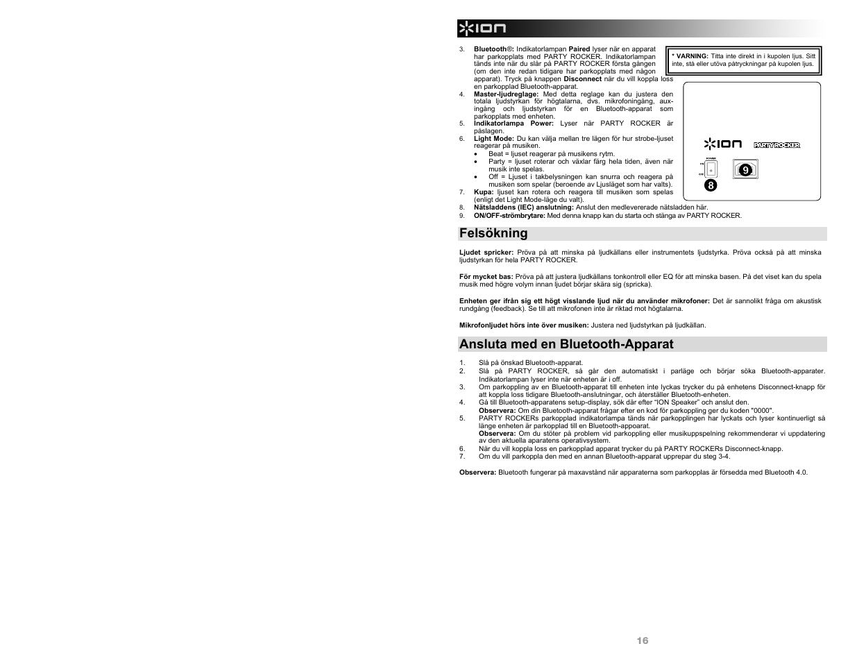 Felsökning, Ansluta med en bluetooth-apparat | ION Audio Party Rocker User Manual | Page 16 / 20