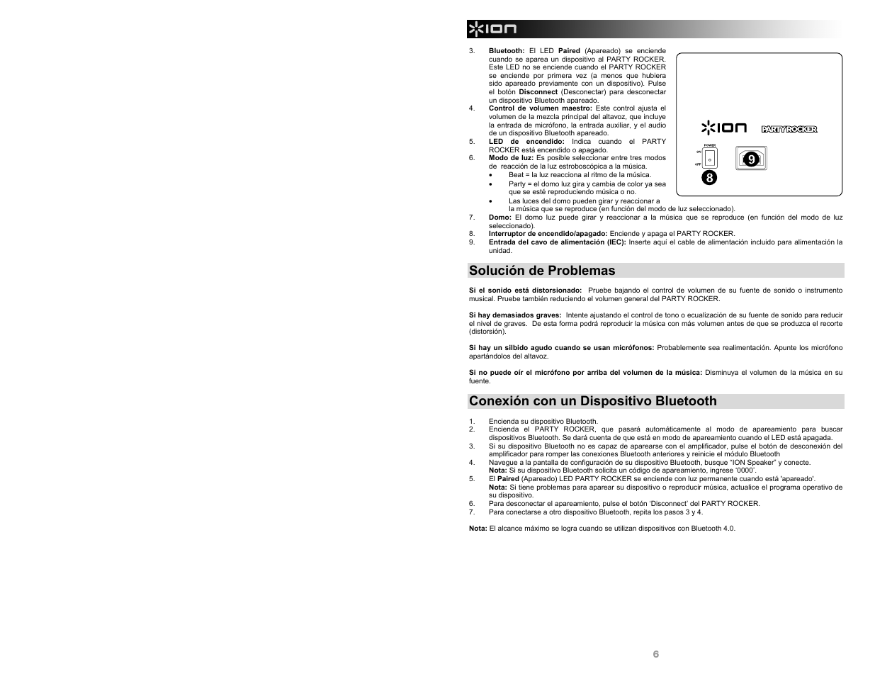 Solución de problemas, Conexión con un dispositivo bluetooth | ION Audio Party Rocker User Manual | Page 6 / 20