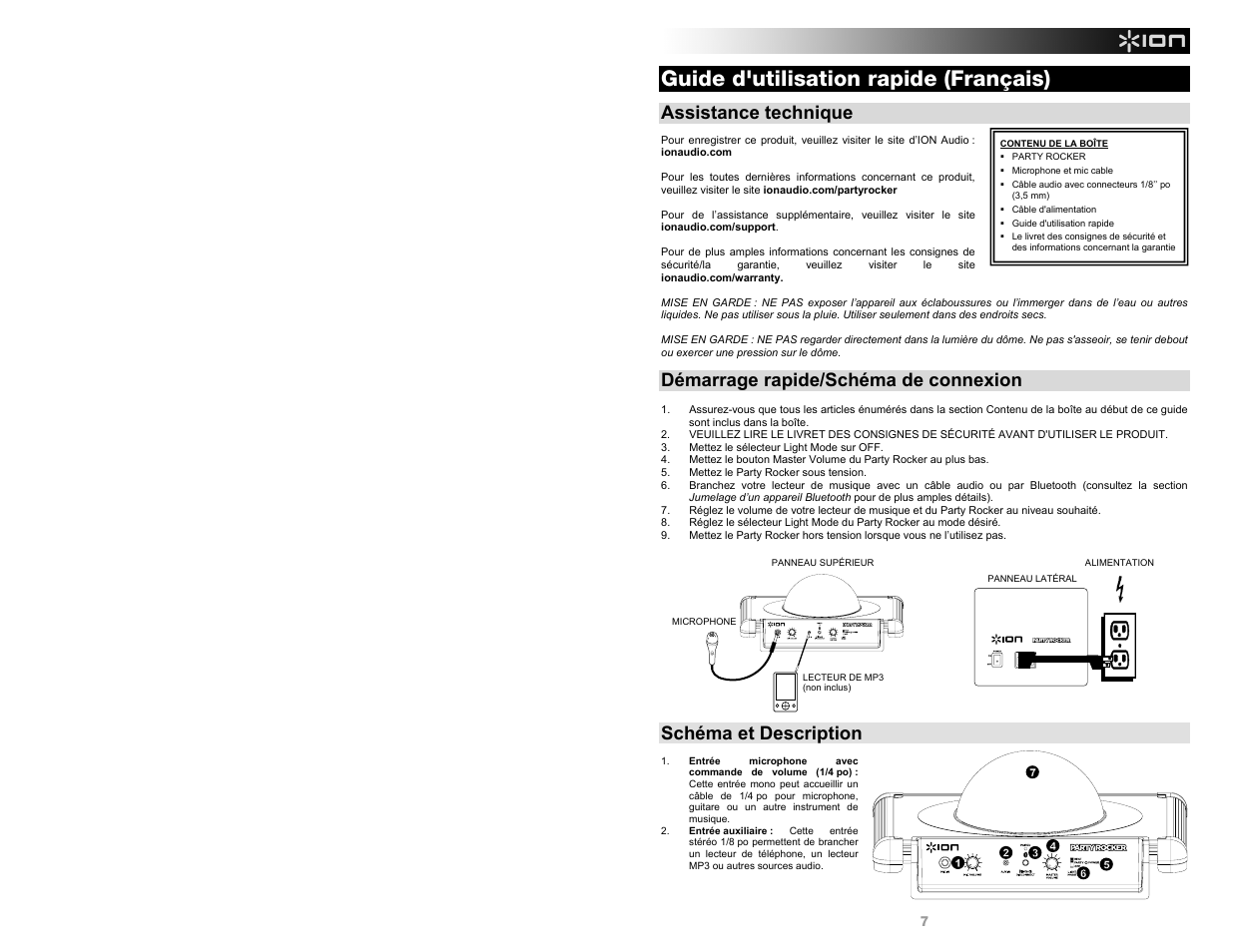 Guide d'utilisation rapide (français), Assistance technique, Démarrage rapide/schéma de connexion | Schéma et description | ION Audio Party Rocker User Manual | Page 7 / 20